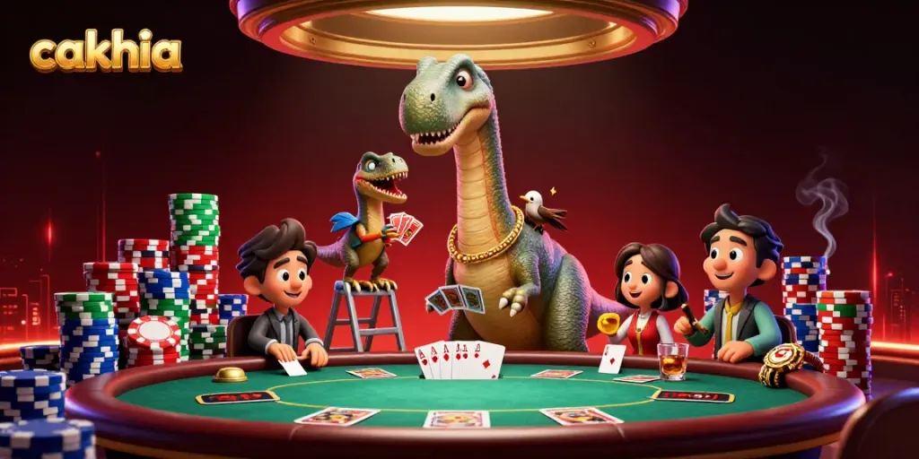 Cakhia streamers experience poker action at a vibrant casino with 3D characters and cards.