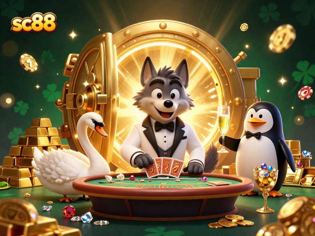 Experience sc88 at a lively baccarat game with a debonair wolf, swan dealer, and sophisticated penguin