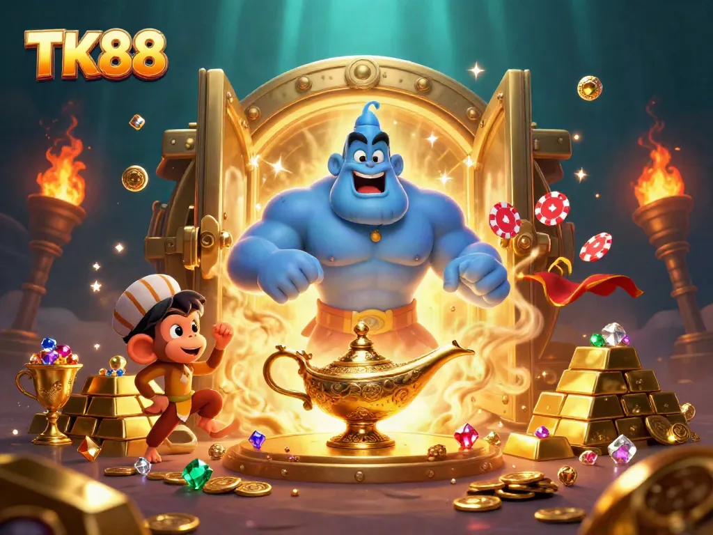 Play exciting games at TK88 with golden treasures and magical elements filling the scene.