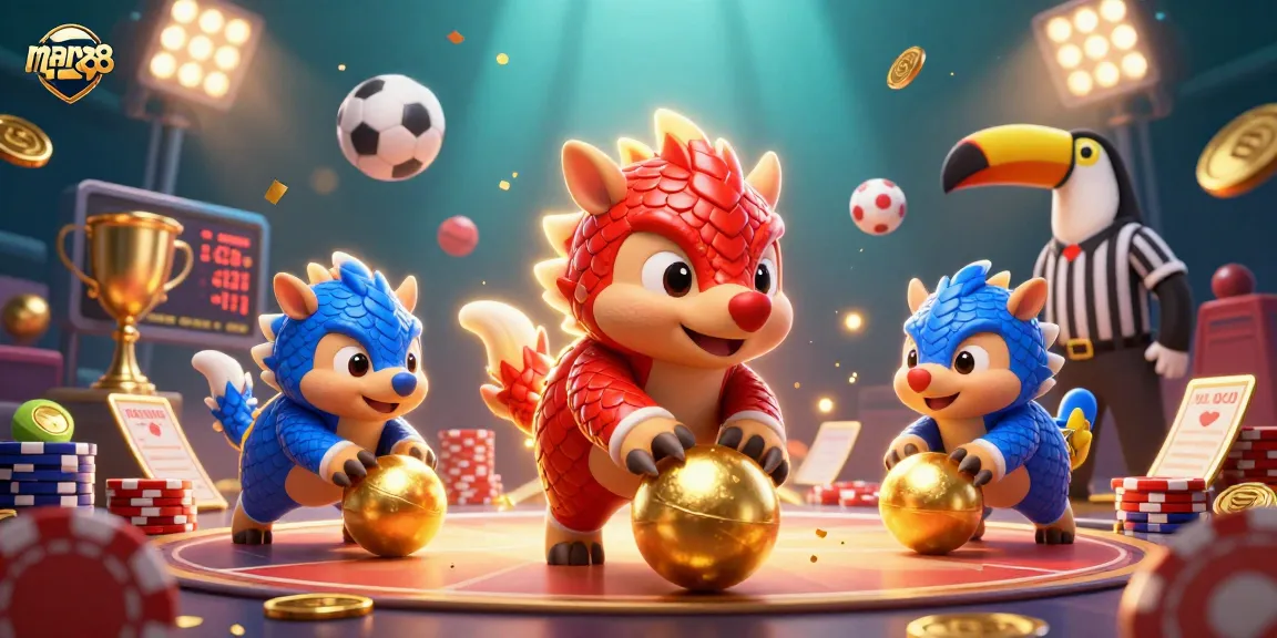 man88 pangolins rolling golden balls in a vibrant casino scene filled with sports elements