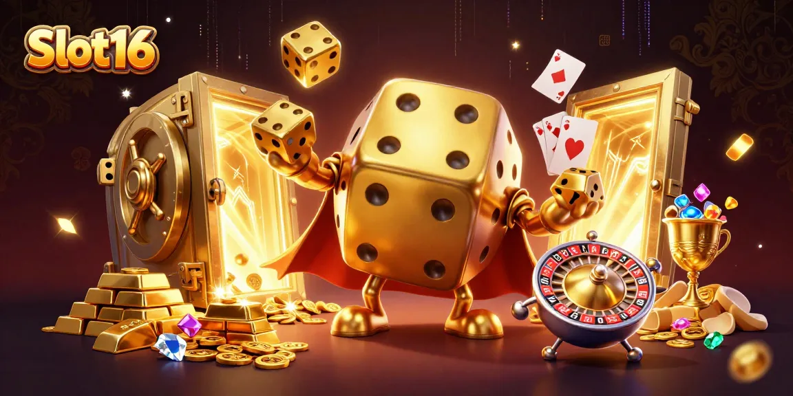 Experience thrilling wins with Slot16, featuring an energetic dice golem and gold elements.