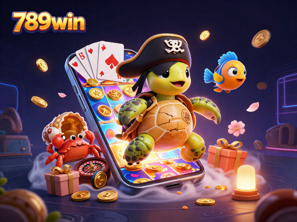 Engage with the world of 789win as cartoon characters navigate treasures and games in a vibrant casino scene.