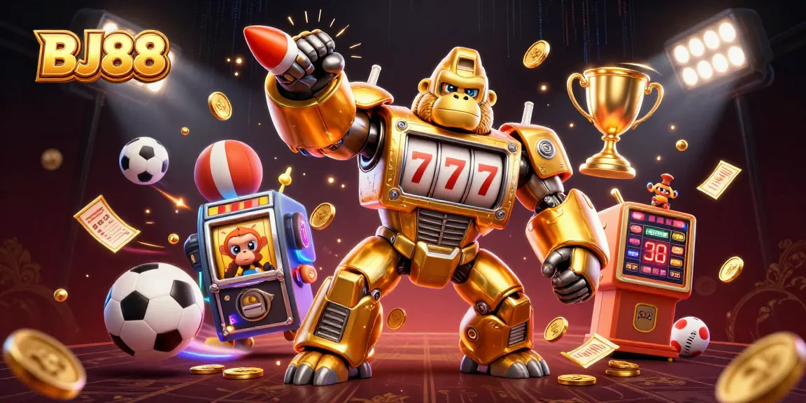 Experience the thrill of BJ88 with a dynamic 3D illustration of a golden mech and sports elements.
