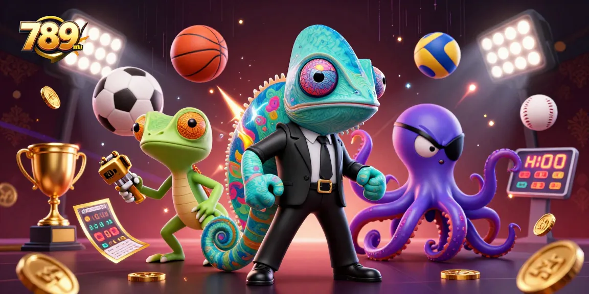 Engage with 789win at sports betting with dynamic 3D illustration featuring chameleon, gecko, and octopus.