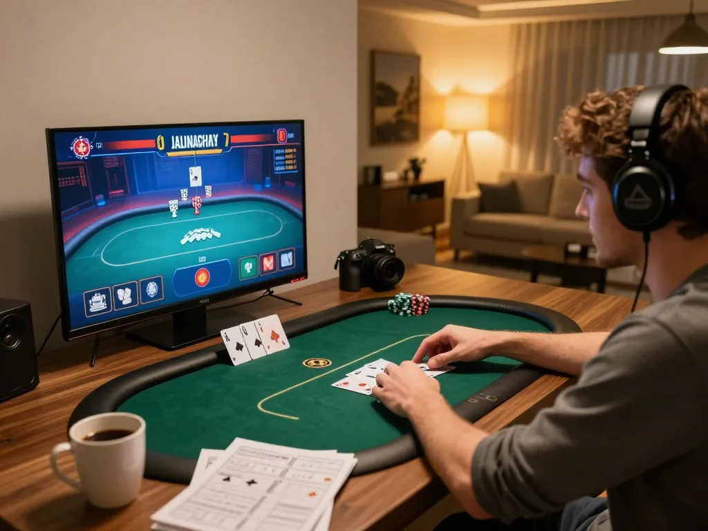 Engaging in strategic gameplay on 888now's online poker platform within a cozy gaming setup