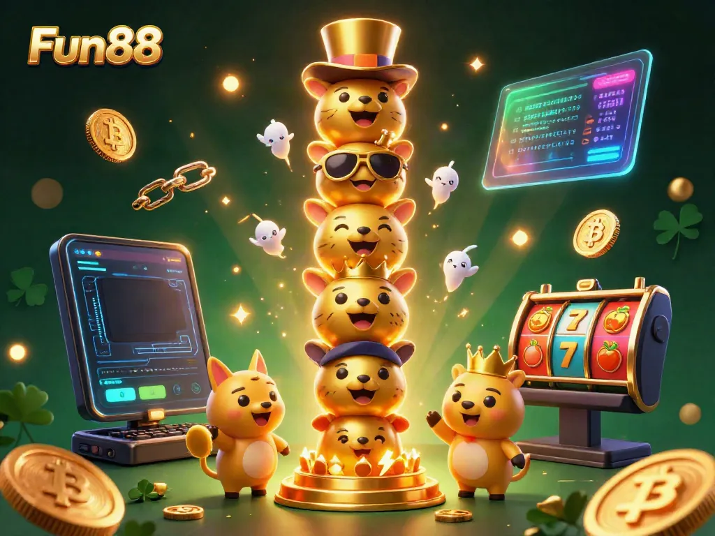 Play and win with Fun88 among vibrant casino elements like slots, Bitcoin coins, and exciting bonuses.