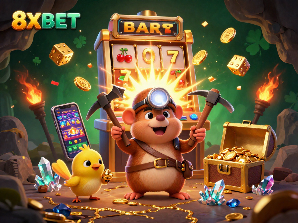 Engage with 8XBET's thrilling casino adventures alongside a treasure hunter mole in a magical cave.