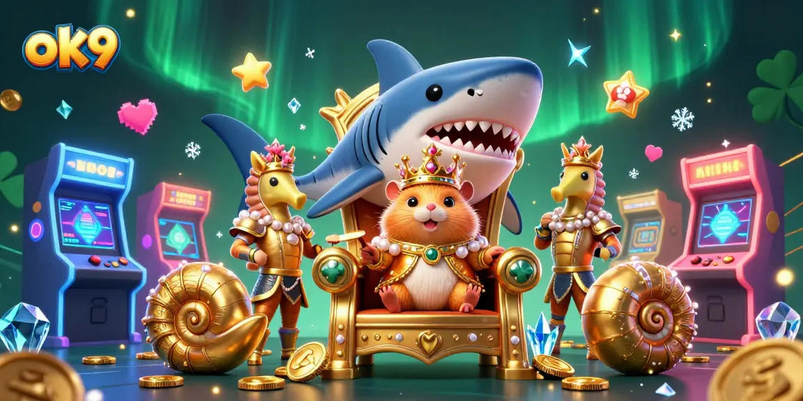 Engage with ok9's vibrant gaming scene featuring a golden hamster king on a tooth throne amidst playful casino elements.