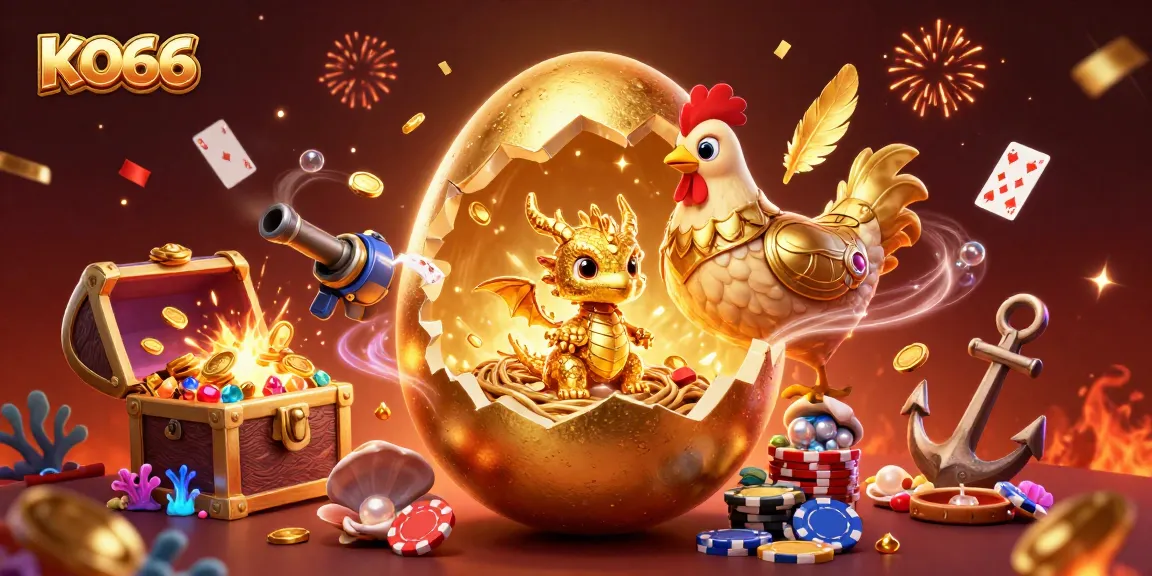 Immerse in KO66's vibrant casino experience with a golden dragon guarding poker chips.