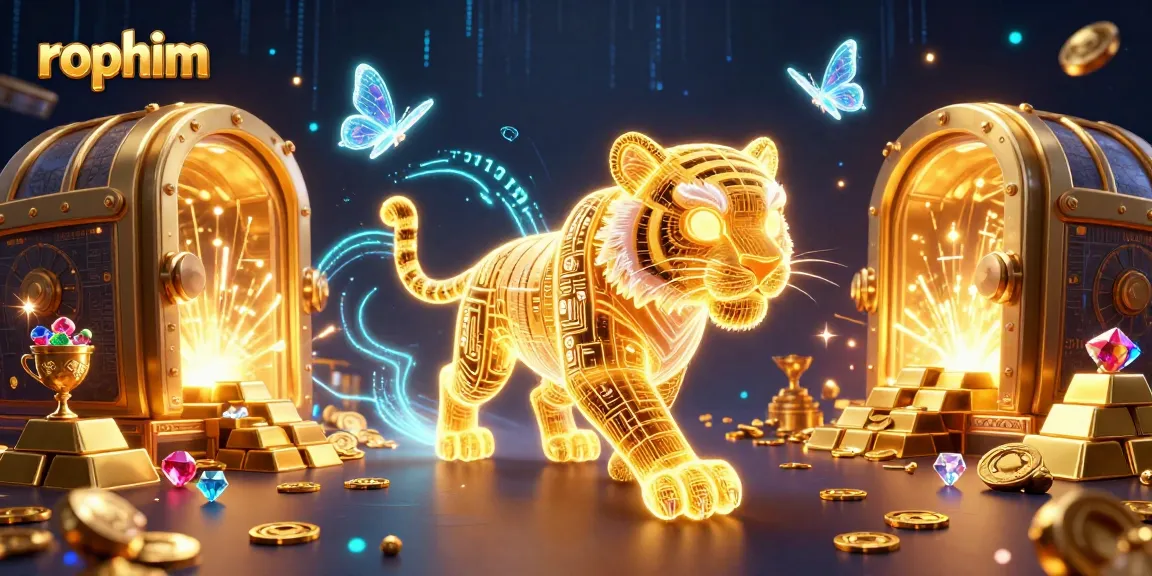 Engage in thrilling wins at rophim with a neon-wireframe golden tiger in a dazzling casino landscape.