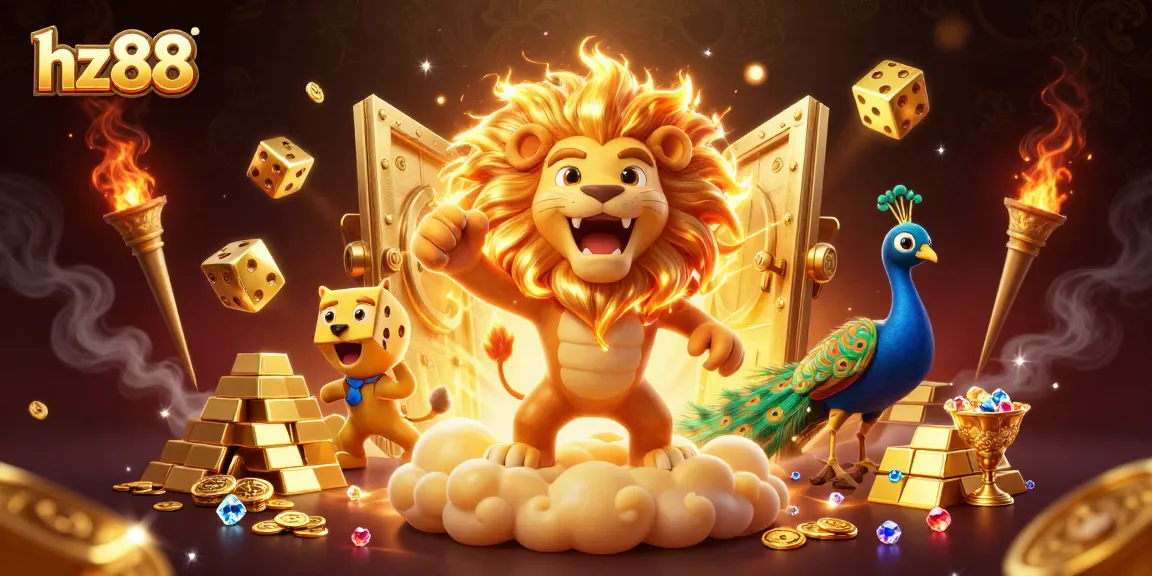 Experience the thrill of hz88 casino with vibrant 3D lion illustration and golden treasures.