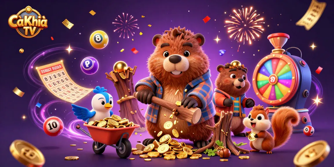 Cà Khịa TV offers a lively illustration of a cartoon beaver celebrating amidst a rain of golden coins, ideal for a dynamic gambling environment.