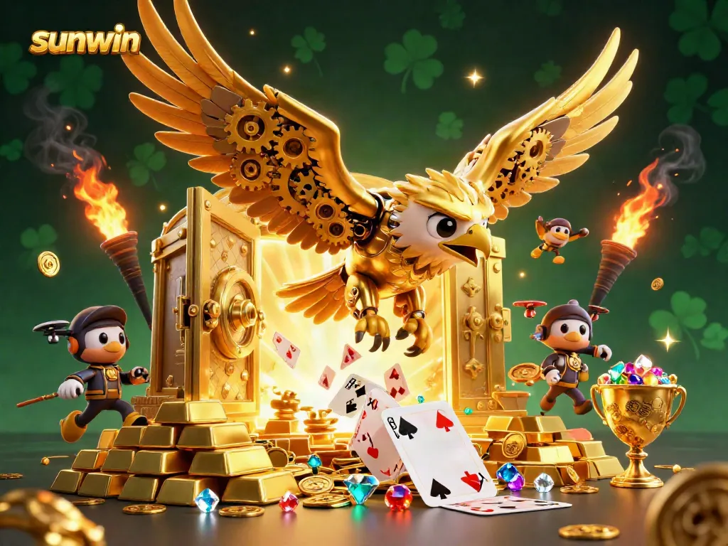 Experience thrilling action with the sunwin eagle soaring through holographic cards and gold treasures.