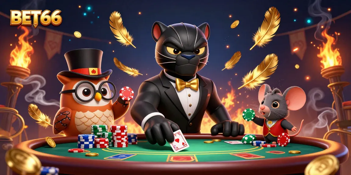 Engage with BET66 in a thrilling 3D casino scene featuring a stylish panther dealer, owl, and lucky mouse.