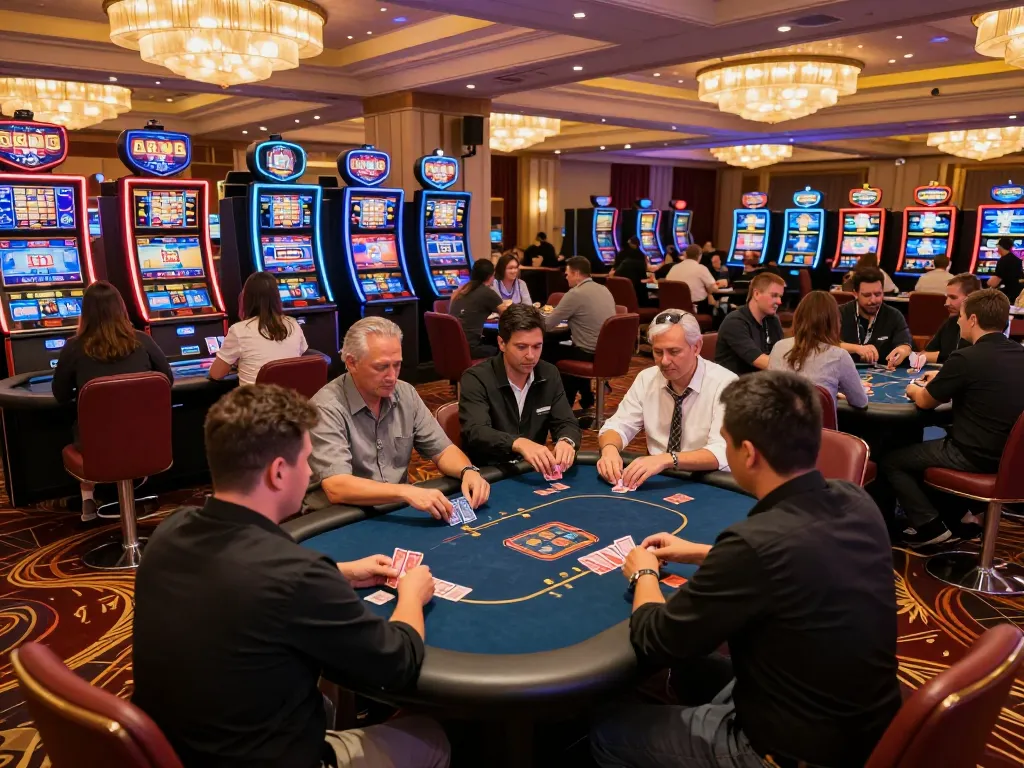Players at ALO8 casino table engaging in poker, vibrant atmosphere of gambling excitement.