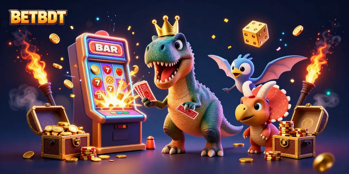 BETBDT's whimsical T-Rex deals cards in a lively casino scene filled with 3D slot machines and treasures