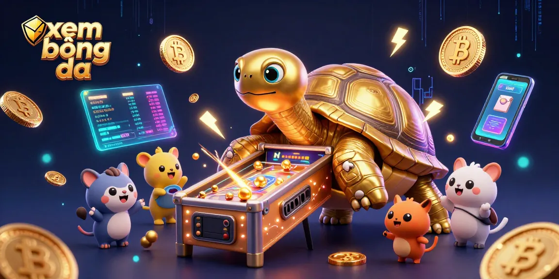 Xem bóng đá with vivid cartoon tortoise playing pinball and cryptocurrency elements in a dynamic casino scene.