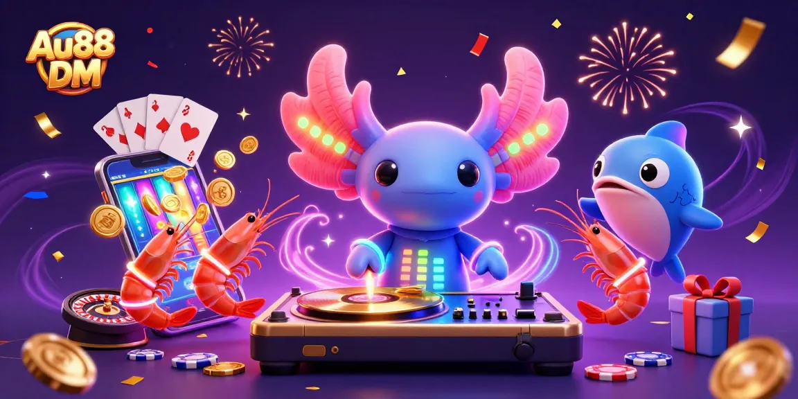 Win big at Au88 DM with vibrant casino fun featuring an axolotl DJ and playful sea creatures.
