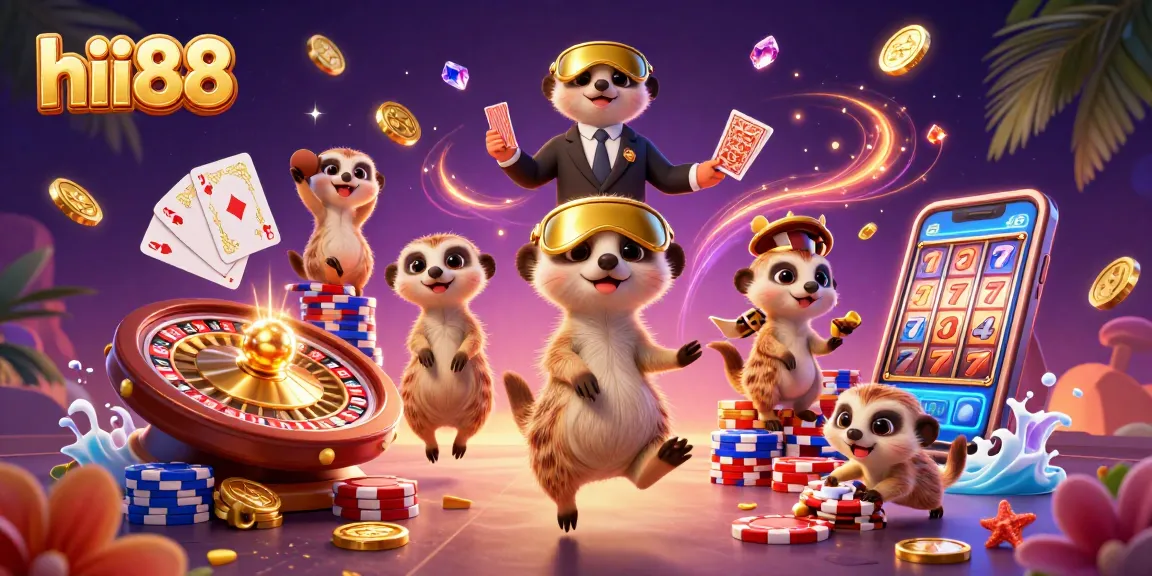 Watch the meerkats manage an exciting casino at hii88, filled with golden coins and vibrant games.