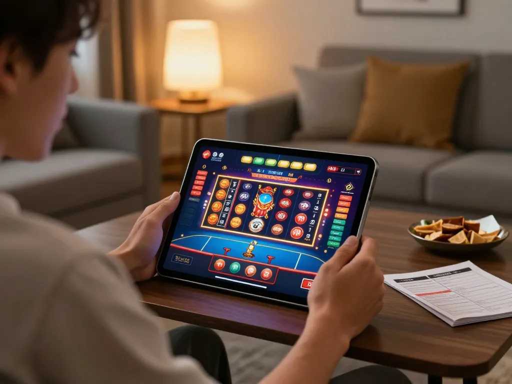 Kuwin player enjoying immersive online casino games on tablet at home.
