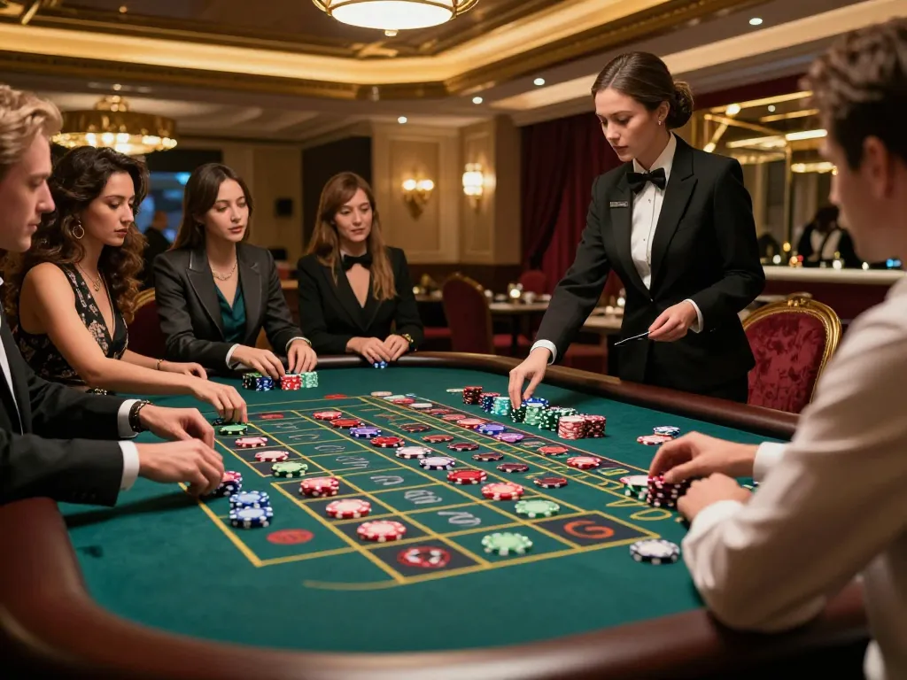 Players engage with roulette bets at G28 luxury casino table, showcasing excitement and strategy in gameplay.