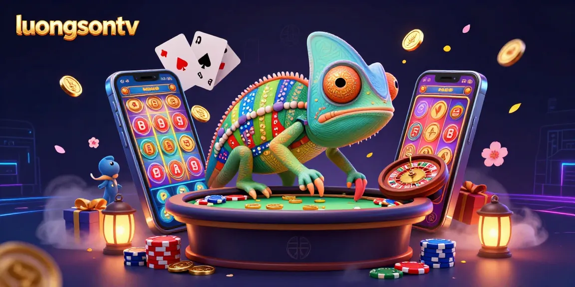 Engage with luongsontv's vibrant casino experience featuring a colorful chameleon and dynamic gaming elements.