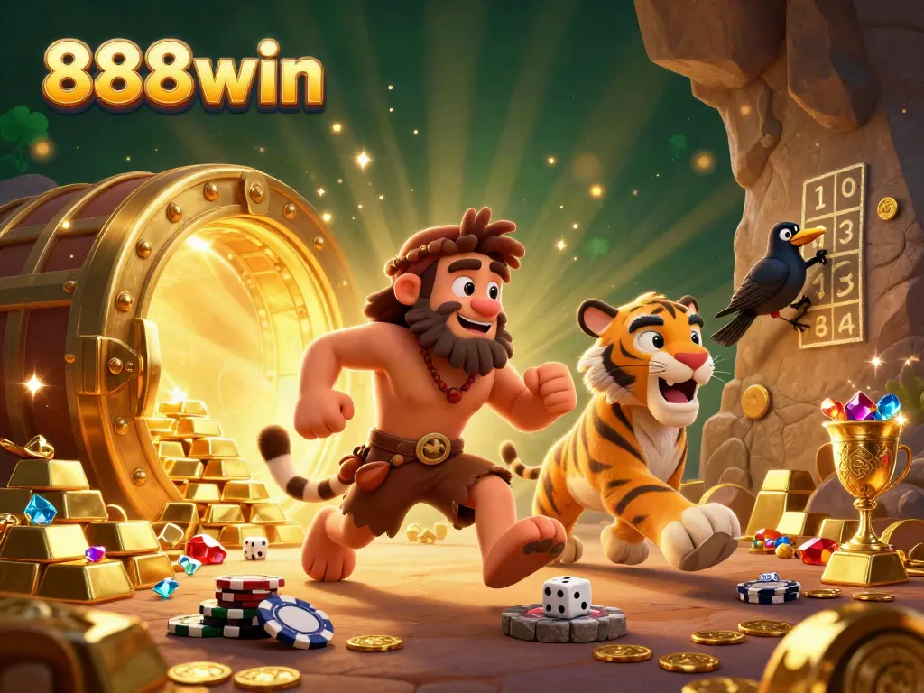 Experience the thrilling world of 888win with vibrant casino elements and a dynamic prehistoric setting.