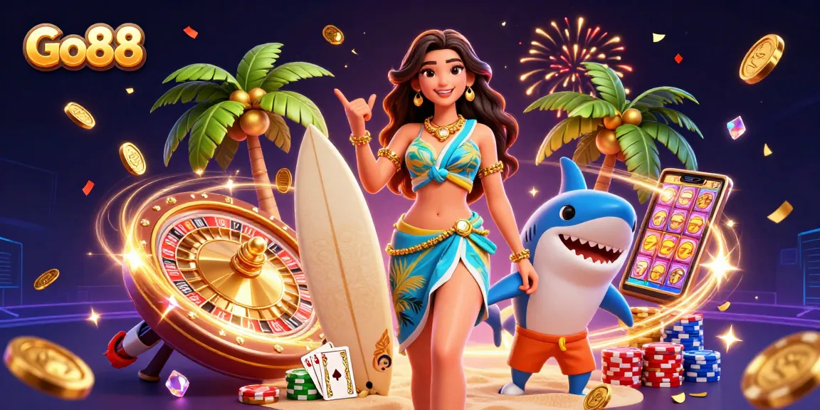 Engage in thrilling gaming at Go88 with vibrant casino elements and tropical vibes.