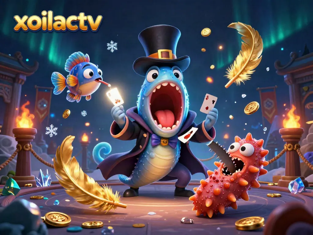 Experience the excitement of xoilactv with deep-sea creatures performing magical card tricks in an enchanting casino scene.