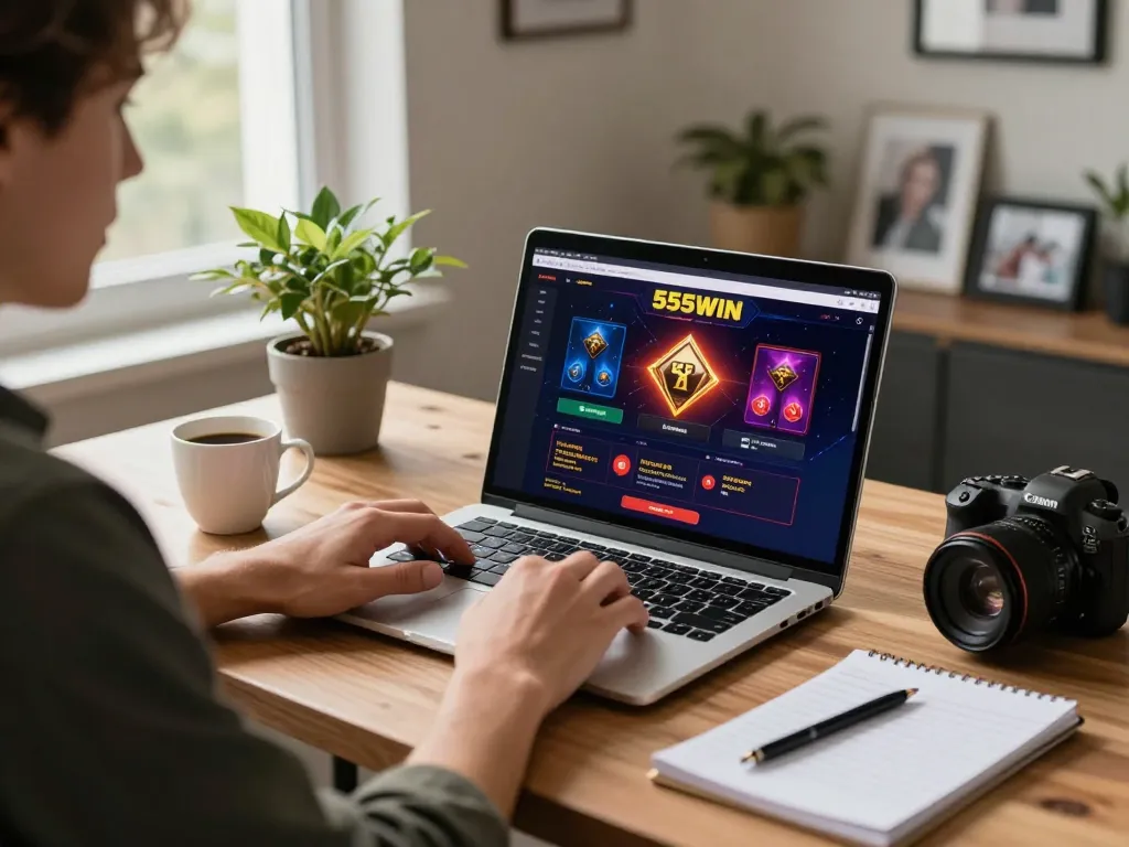 Engaged player strategizing on 555WIN online casino while enjoying a cozy home setting.