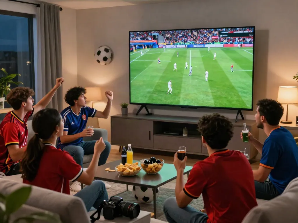 Fans enjoying live football matches on socolivekz.uk in a vibrant living room.
