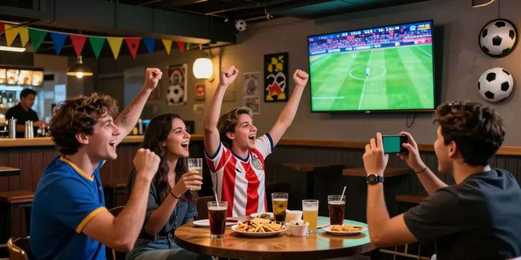 Enthusiastic friends enjoying football at a sports bar while watching gà vàngtv broadcasts.