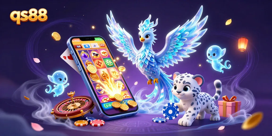 Experience thrilling wins with qs88 in a vibrant 3D casino illustration featuring the exciting gameplay of slots and poker.