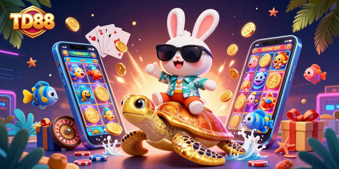 Experience exciting gaming at TD88 with a lucky rabbit and golden turtle in a vibrant casino scene.