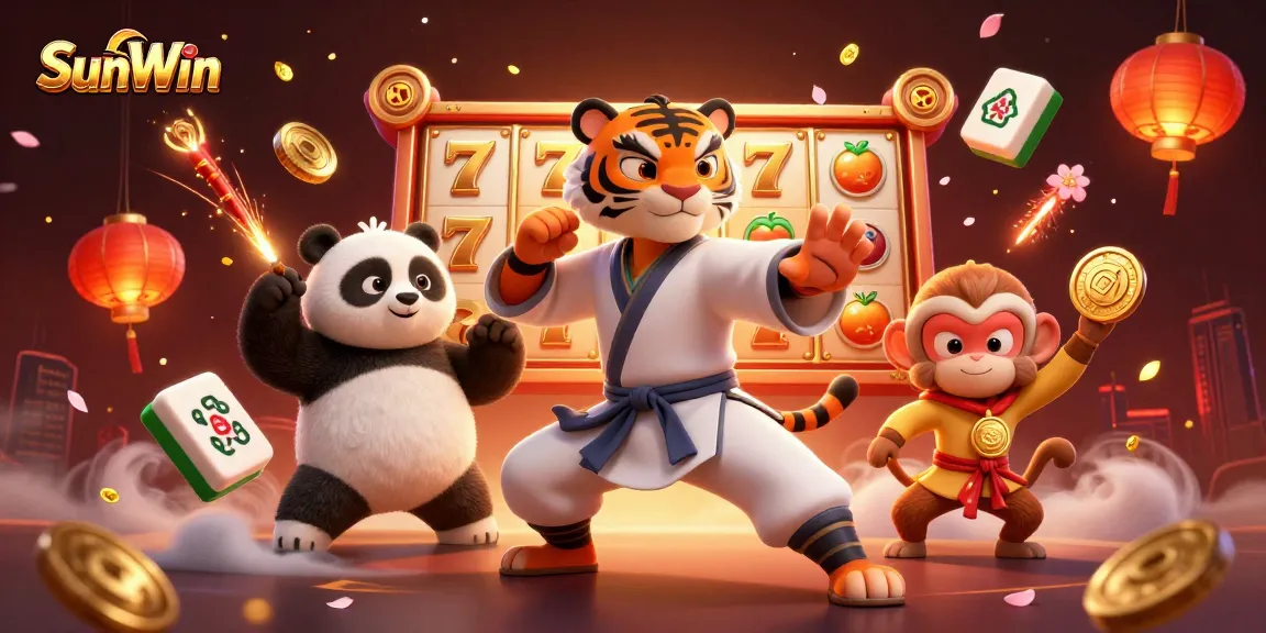 Experience thrilling gameplay at SunWin, where a kung fu master and panda disciple showcase their skills amidst vibrant casino elements.