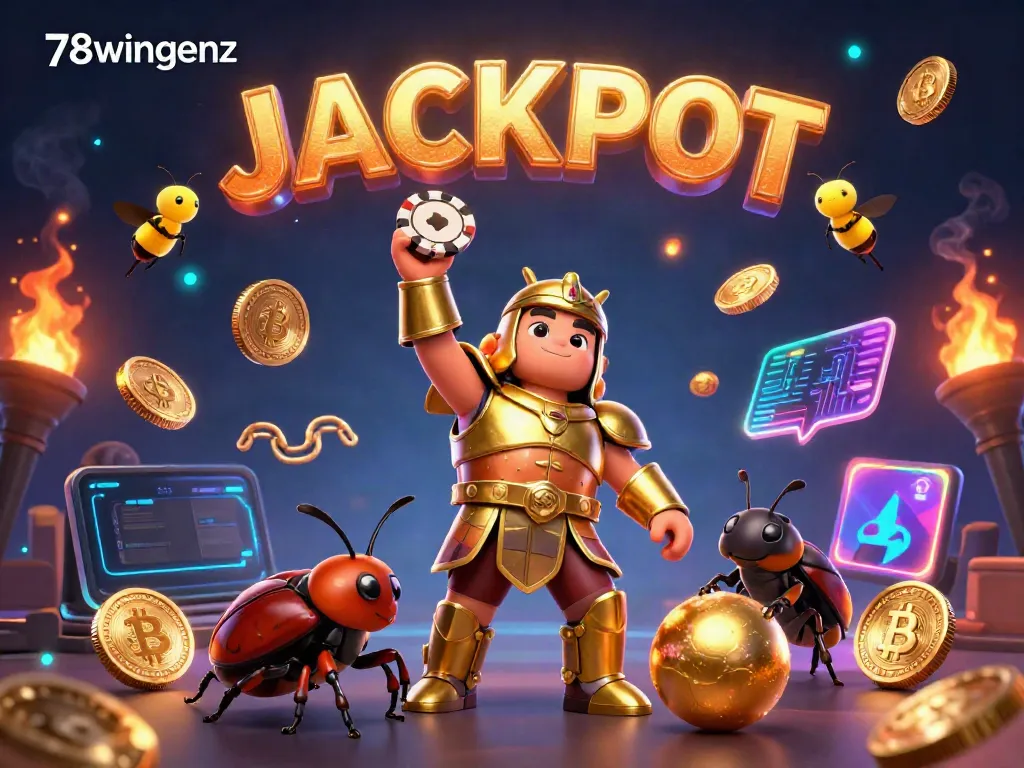 Experience interactive fun with 78wingenz, showcasing a victorious beetle amidst vibrant casino elements.