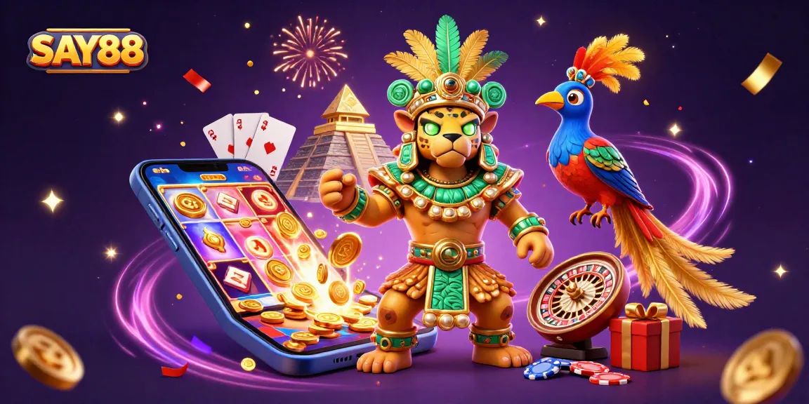 SAY88 takes center stage in this vibrant casino scene showcasing a colorful slot game and imaginative characters.