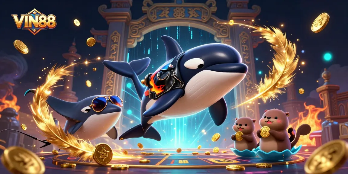 Engage with VIN88's thrilling gaming experience featuring a party of animated characters and elaborate casino elements.