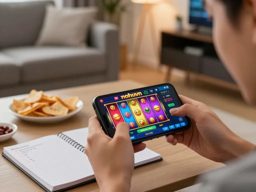 Engaging moment of playing nohuvn casino game on smartphone, showcasing exciting slot graphics and cozy atmosphere