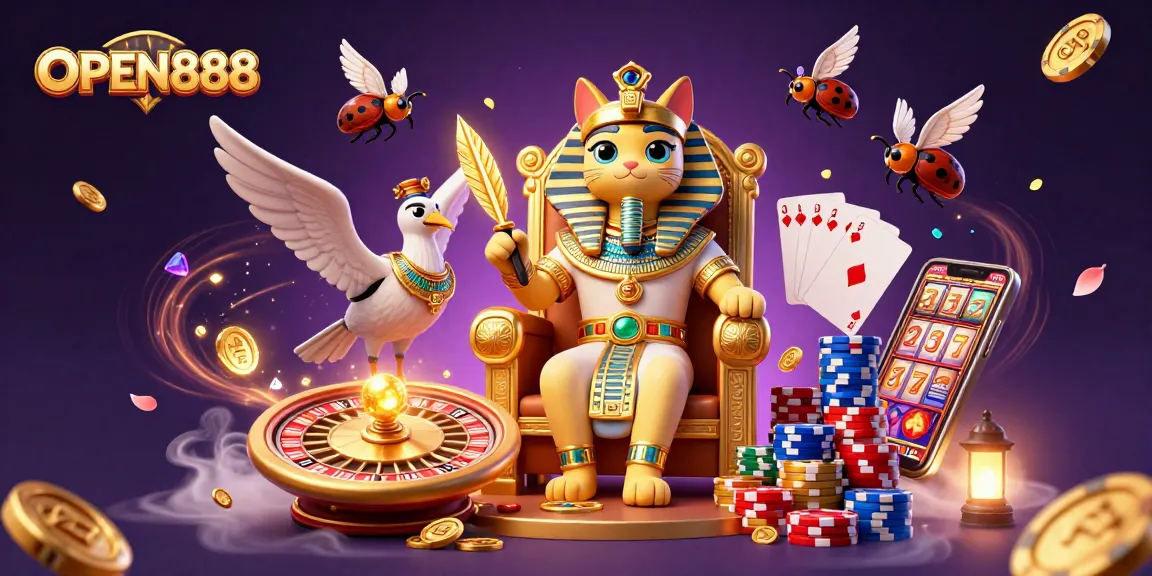 Engage in exciting gaming experiences at OPEN888 with pharaoh cat and sparkling gems.