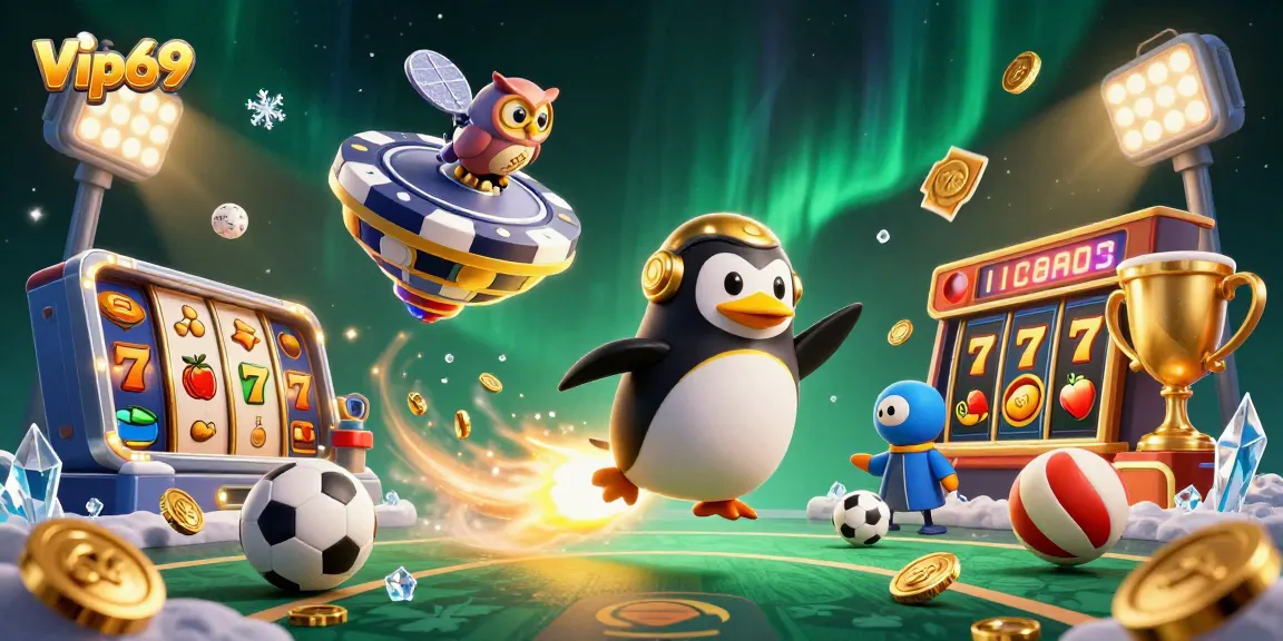 Experience thrilling gameplay at Vip69 with a dynamic scene featuring a golden penguin, jackpots, and sports action!