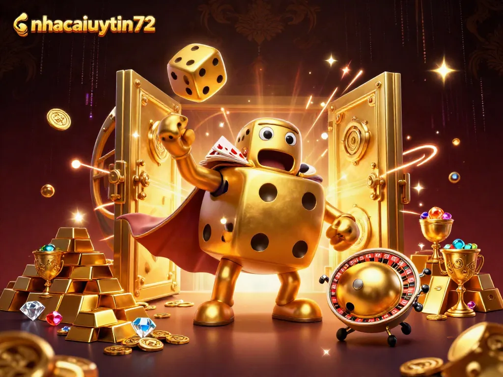Win with nhacaiuytin72's dazzling golden dice golem and roulette companion amidst treasure and gems.