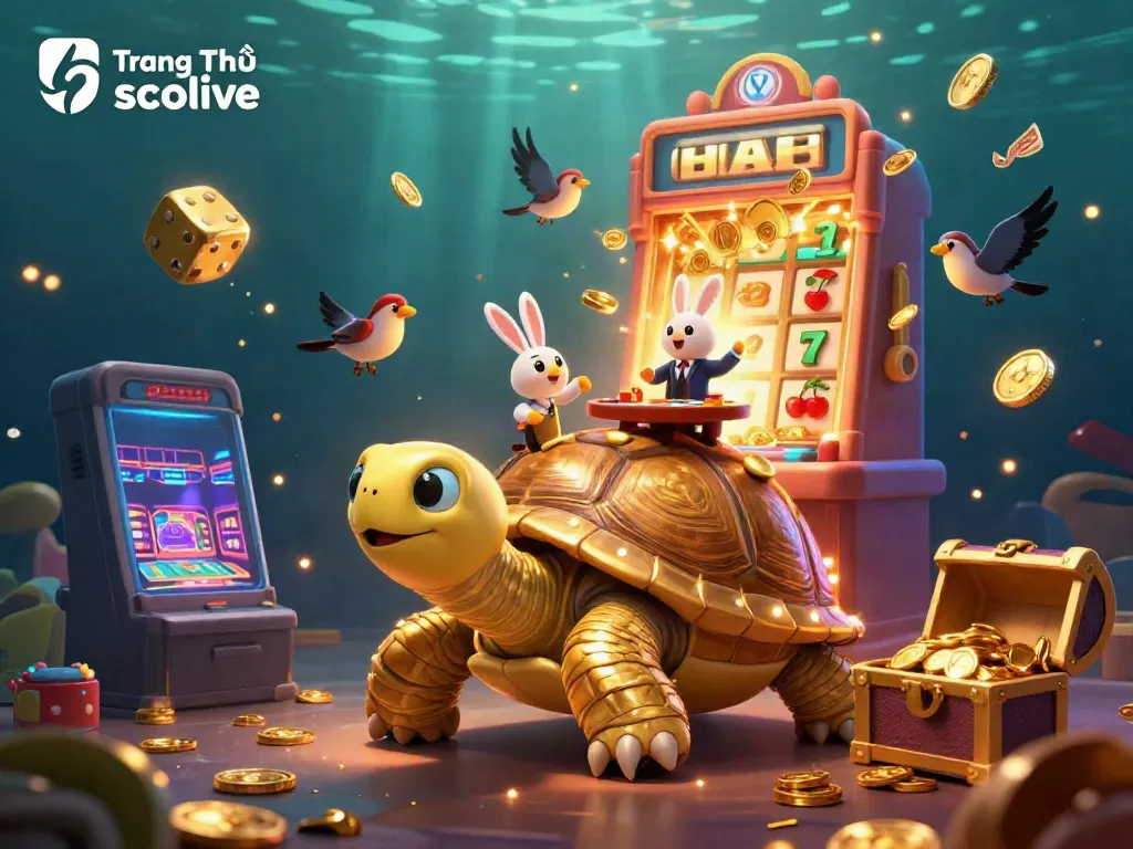 Join the excitement on Trang Chủ socolive with a golden tortoise casino, flying coins, and thrilling gaming action.
