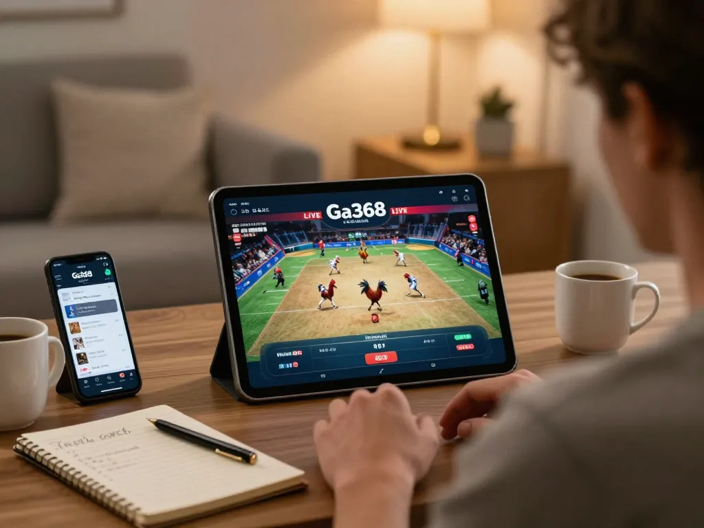 Engaging moment of a player enjoying Ga368 online betting on a stylish tablet, surrounded by cozy home elements.