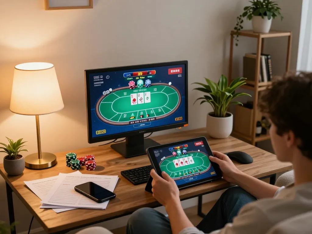 B66 players engaging in an online poker game with fun atmosphere and strategy notes in a cozy home setting.