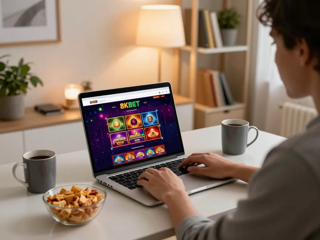Engaging with the 8KBET online casino experience at home, blending entertainment with strategy in a cozy setting