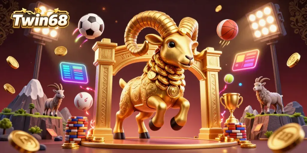 Experience vibrant Twin68 casino action with gold coins, dynamic sports elements, and a majestic ram illustration.