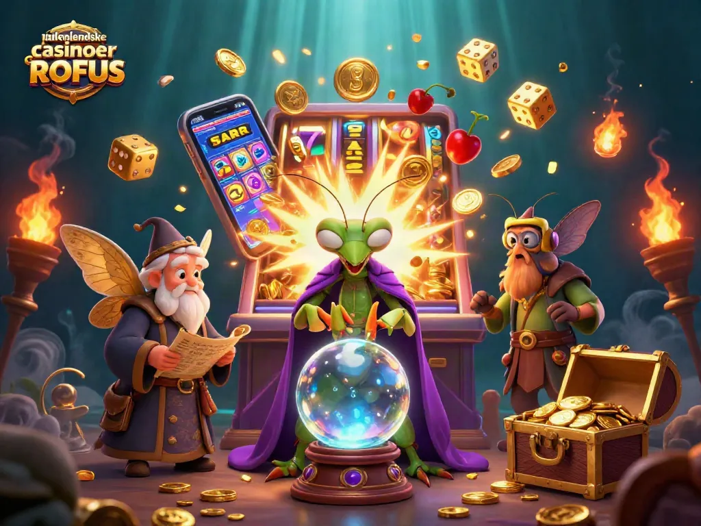 Engage with udenlandske casinoer uden ROFUS in a vibrant 3D illustration featuring fortune tellers and jackpots.