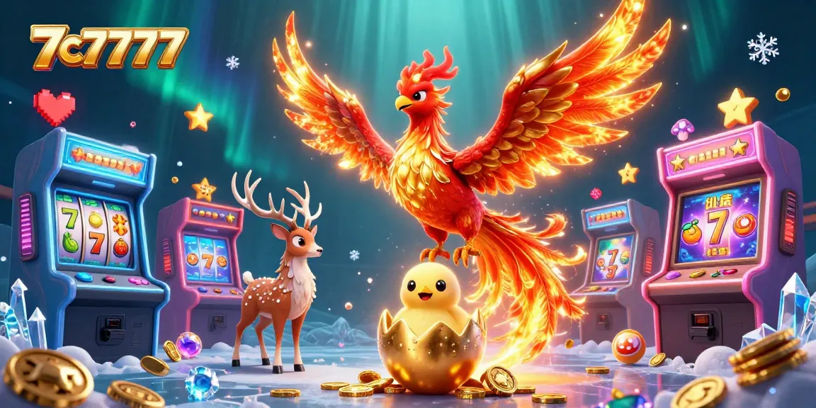 Engage with 7c7777's vibrant casino-themed 3D illustration featuring lucky slots and mythical elements.