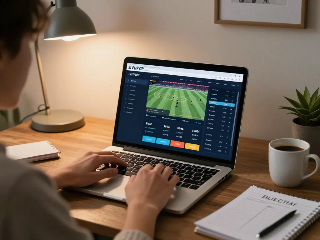 Player engaging in sports betting on PHPVIP from a cozy home office, showcasing laptop and betting screens.